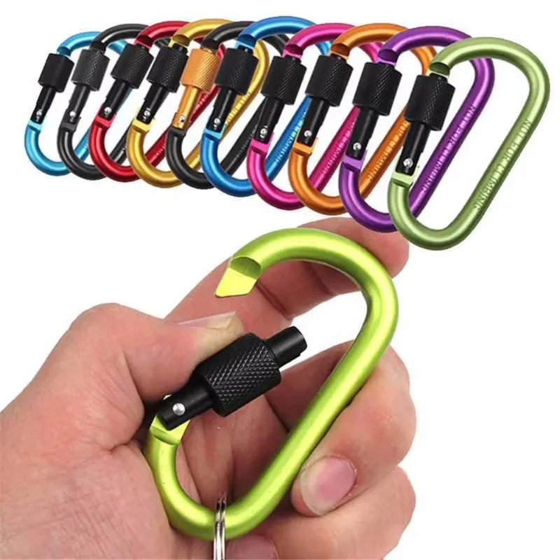 2pcs Outdoor Aluminum Alloy Carabiner Hanging 6th Key Chain Backpack Buckle D-type Wind Rope Buckle with Lock Camping Gear
