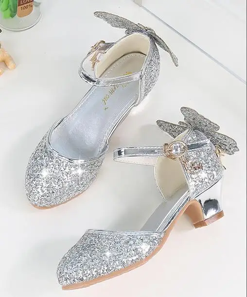 Princess Kids Leather Shoes For Girls Glitter Butterfly Knot Dress Banquet Party Children High Heel Shoe For kids Girls Sandals