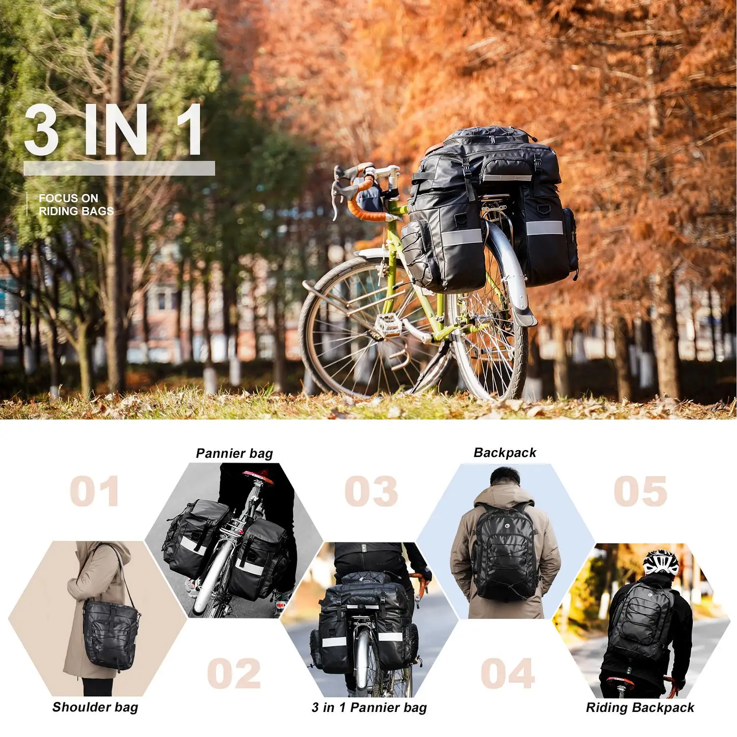 Rhinowalk 3 in1 Bike Pannier Bag 65L Large Capacity Bicycle Rear Rack Bag Waterproof Cycling MTB Double Side Luggage Backpack