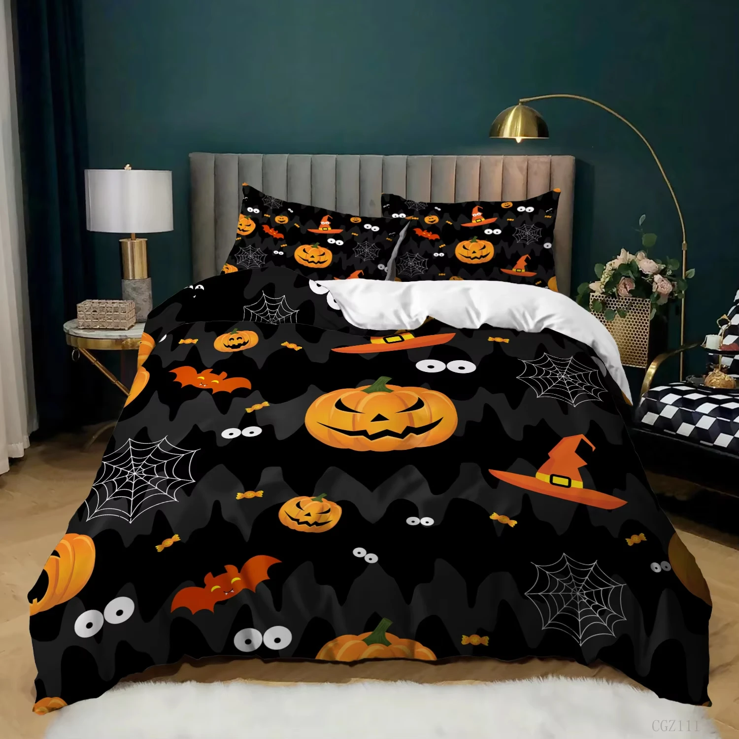 Halloween Theme Duvet Cover Single Full King Size Cartoon Pumpkin Lantern Bat Pattern Comforter Cover Gothic Spooky Bedding Set