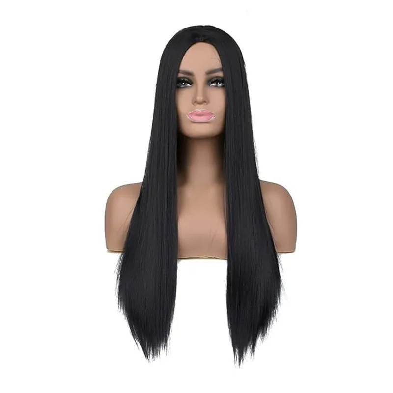 Woman Black Long Straight Hair Party Anime Role Play Headwear Center Part Long Hair Lady Daily Clothing Dress Up Prop Wig