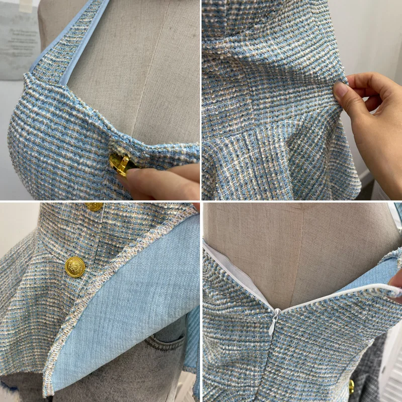 ISAROSE 트위드 홀터 탑 여성용 초여름 민소매 브라리스 우산 모양의 밑단 골드 컬러 버튼 체크 무늬 탱크 탑