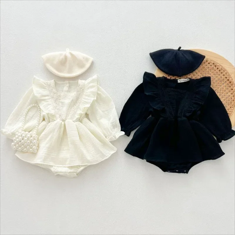 0-2Years Newborn Baby Girls Lace Ruffle One Piece Clothing Toddler Solid Long Sleeves Cotton Gauze Jumpsuit Spring Romper Dress