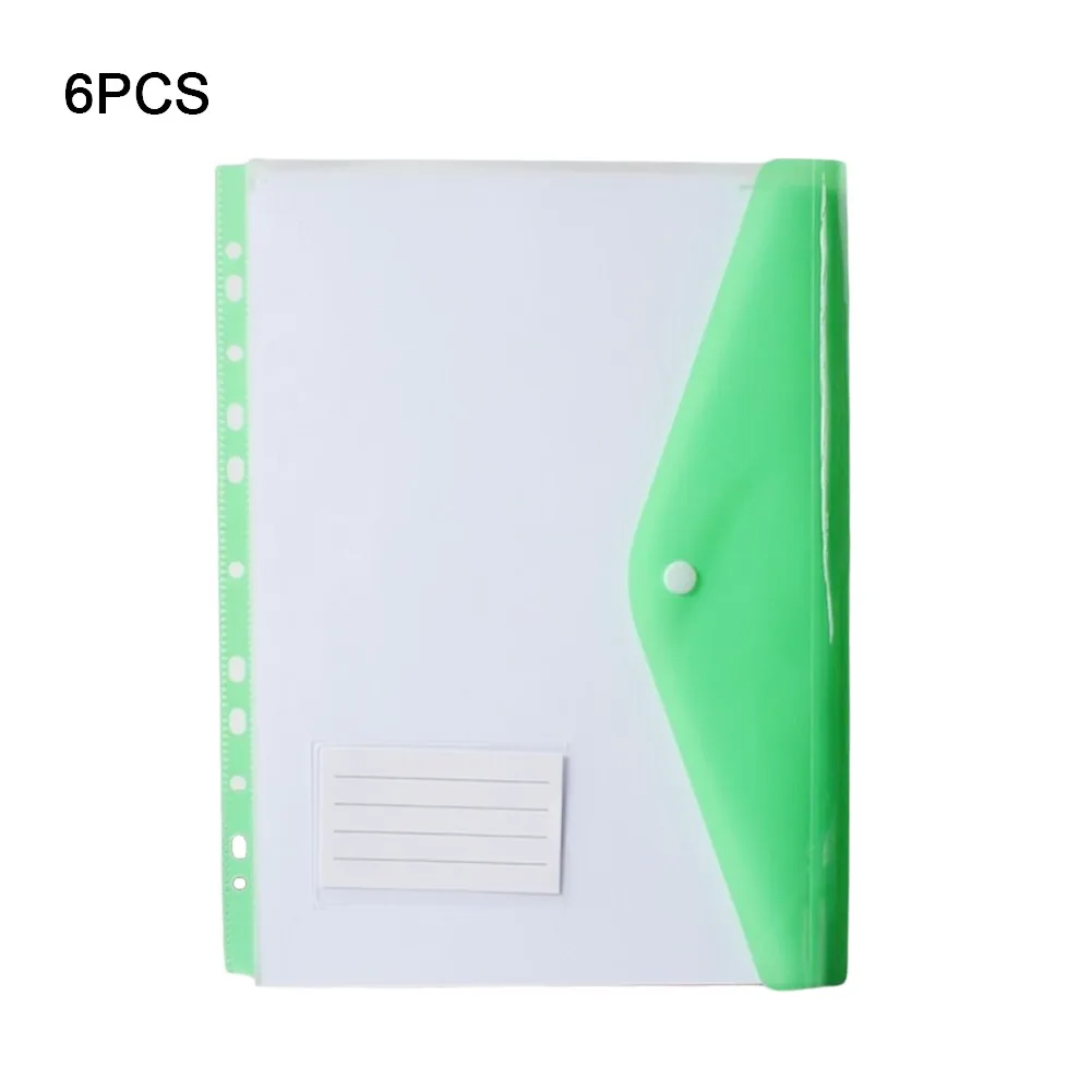 6 pcs New PP Binder Folders Clear Envelopes Punched Pockets A4 Button Closure Label Loose-Leaf Document Storage