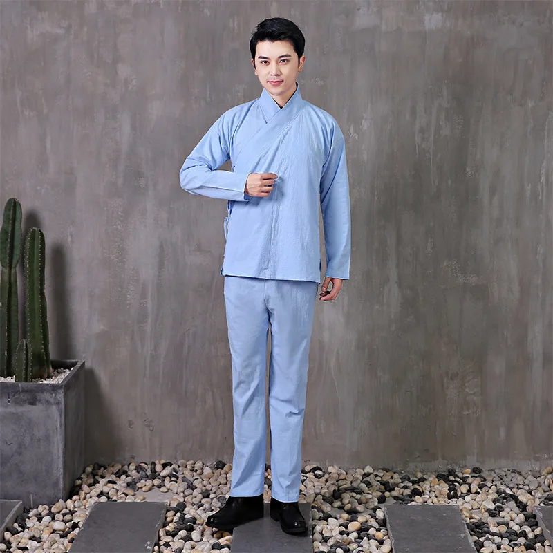 Men Autumn New Cotton Chinese Style Hanfu Two Piece Suit Male Solid Soft Comfortable Traditional Ancient Clothes Costume Sets