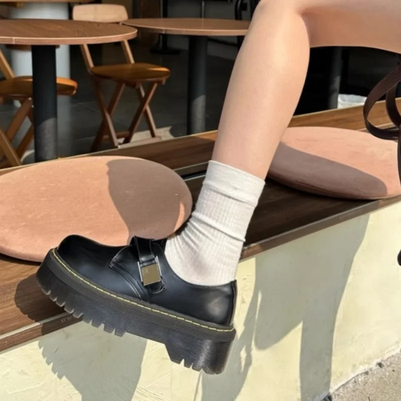 

2025 Spring New Women's Loafers Round Toe Mid Heel Heightened Black Buckle Classic Design Women's Leather Office Single Shoes