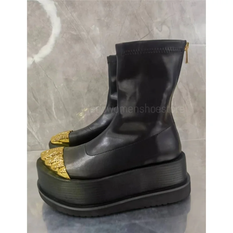 

Golden Toe Thick Soled Boots Five Fingers Platform Ankle Boots Back Zipper Soft Leather Sock Boots Catwalk Shoes Brand Design