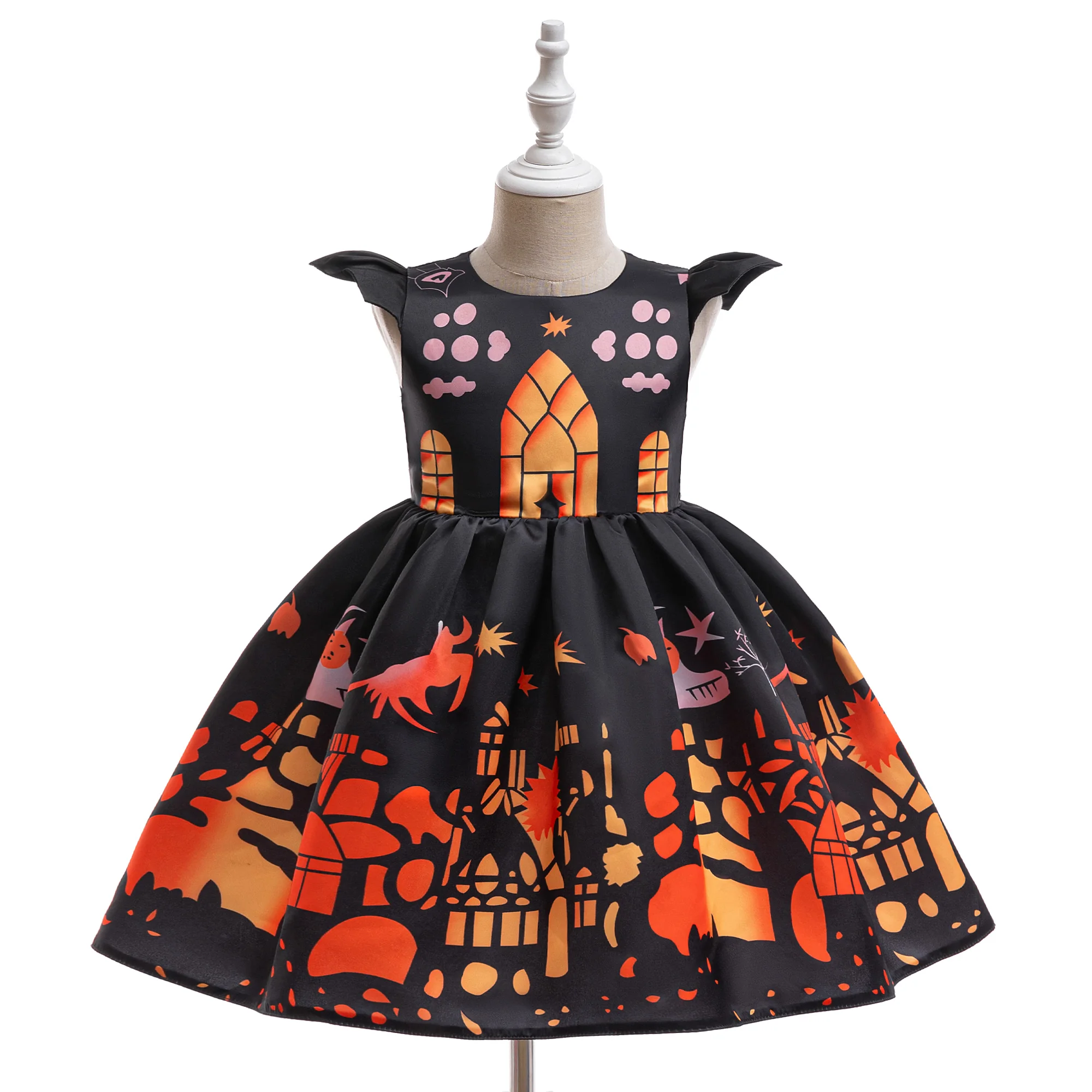Girls' Halloween Sleeveless A-Line Dress Castle Pumpkin Lantern Printed Bow Detail Witch Role Play Masquerade Costume