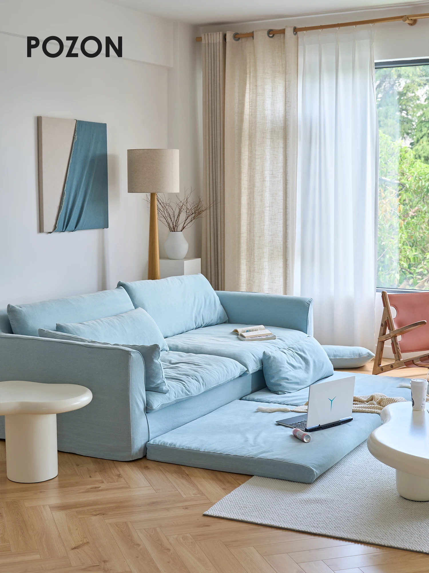 أريكة من قماش الدنيم وابي سابي مصنوعة من القطن والكتان مع كتان قابل للفصل والغسل على طراز كريمي #2