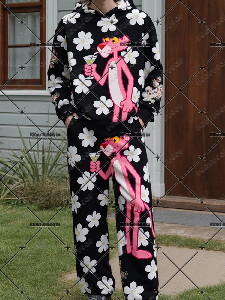 

Pink Panther&Flower Print Tracksuit Suits For Men Spring Winter Fashion Trend New Hoodies+Long Pants Casual 2Pcs Male Clothes