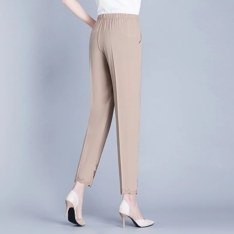 Summer Cool Bottom Embroidered Chiffon Pants Women's Thin High Waist 2025 Elastic Loose Straight Leg Pants Women's Casual Pants