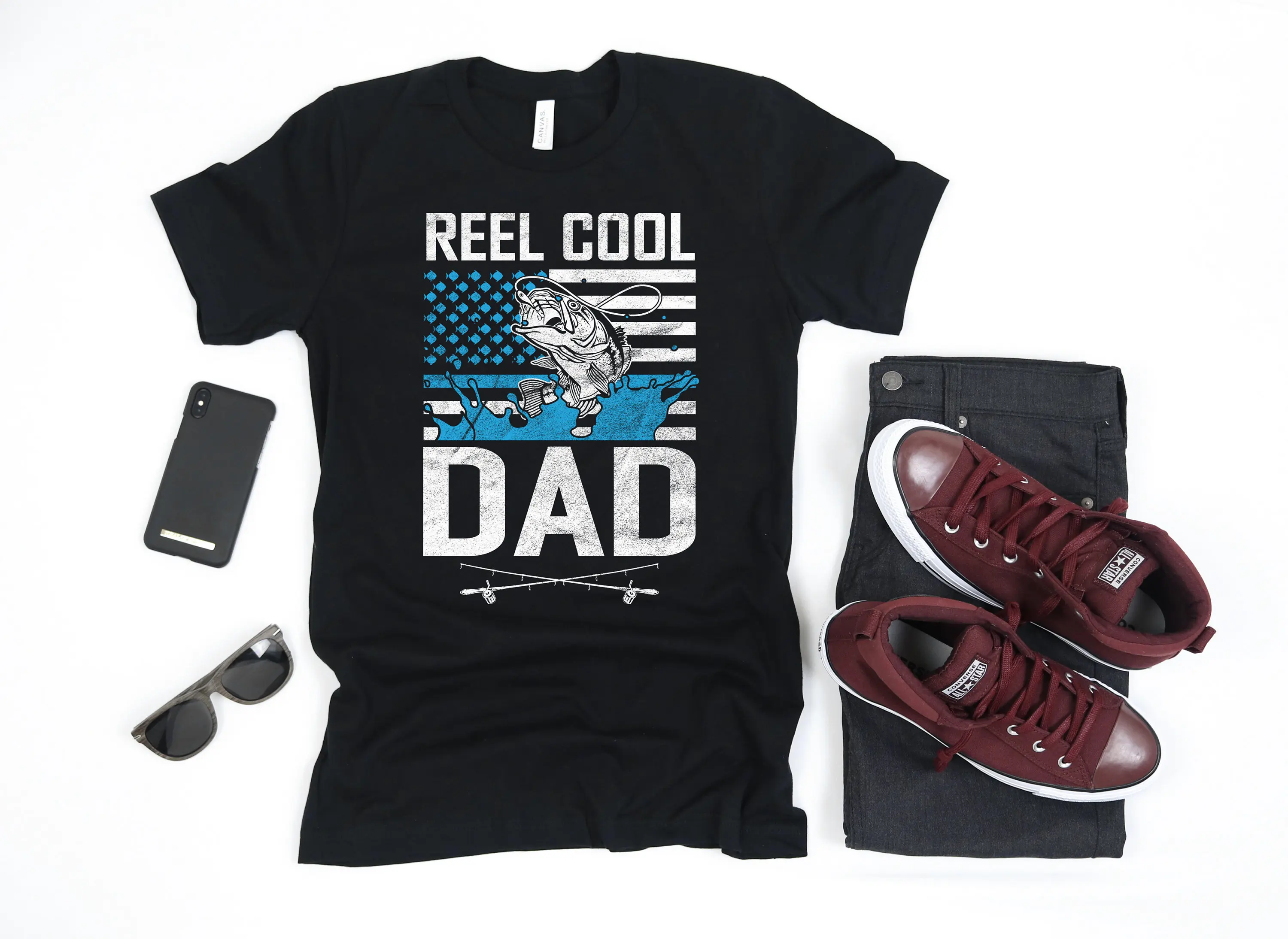 Reel Cool Dad Fisherman Fathers Day American Flag USA T Shirt SweaT Long Sleeve Apparel