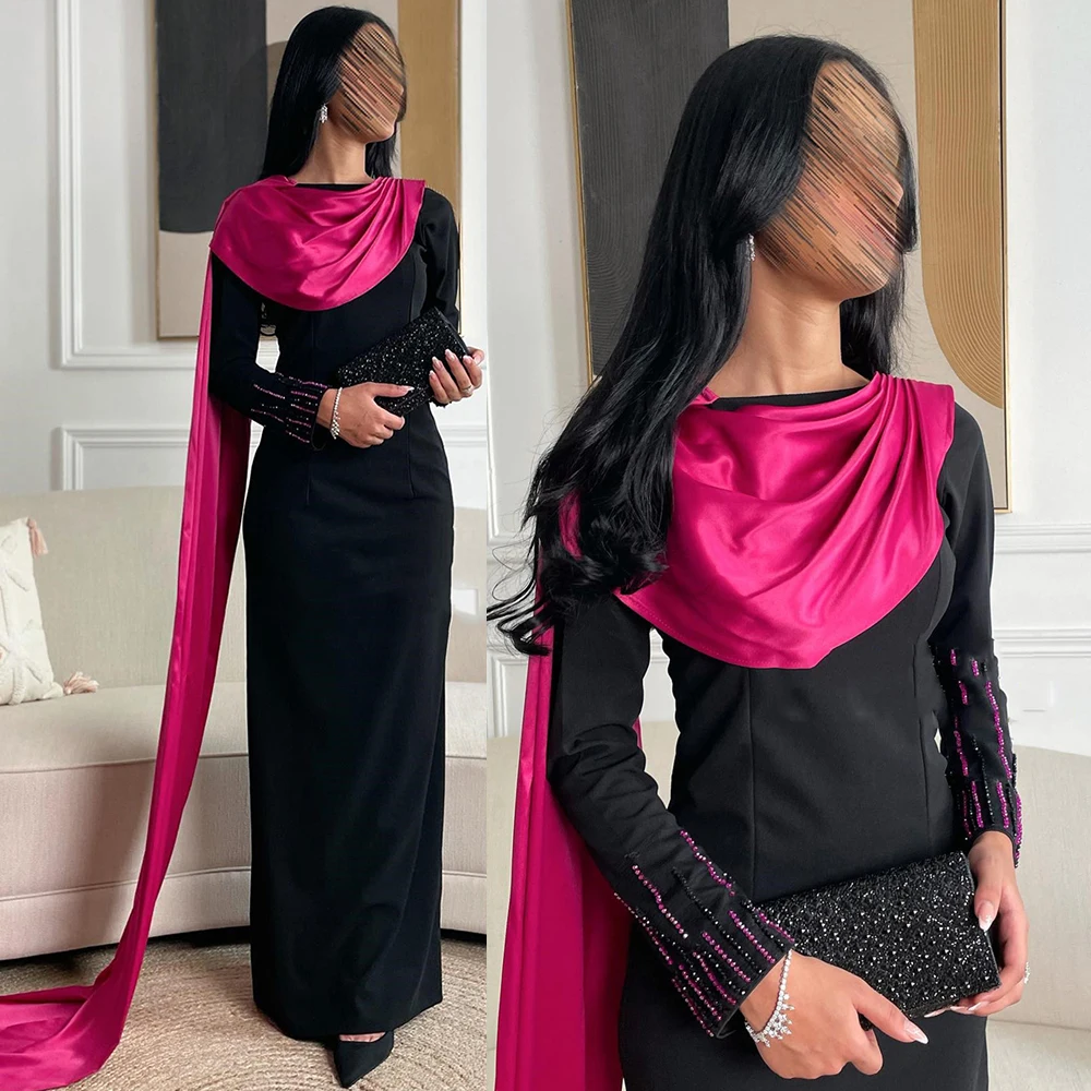 Customized Long Sleeve Straight Middle Eastern Style Evening Contrast Color Round Neck Gown فساتين سهرة فخمه