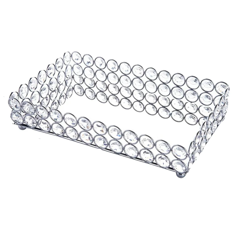 New-2X Crystal Rectangle Cosmetic Tray Jewelry Trinket Organizer Mirror Decorative Tray Perfume Skin Care Organizer(Silver)