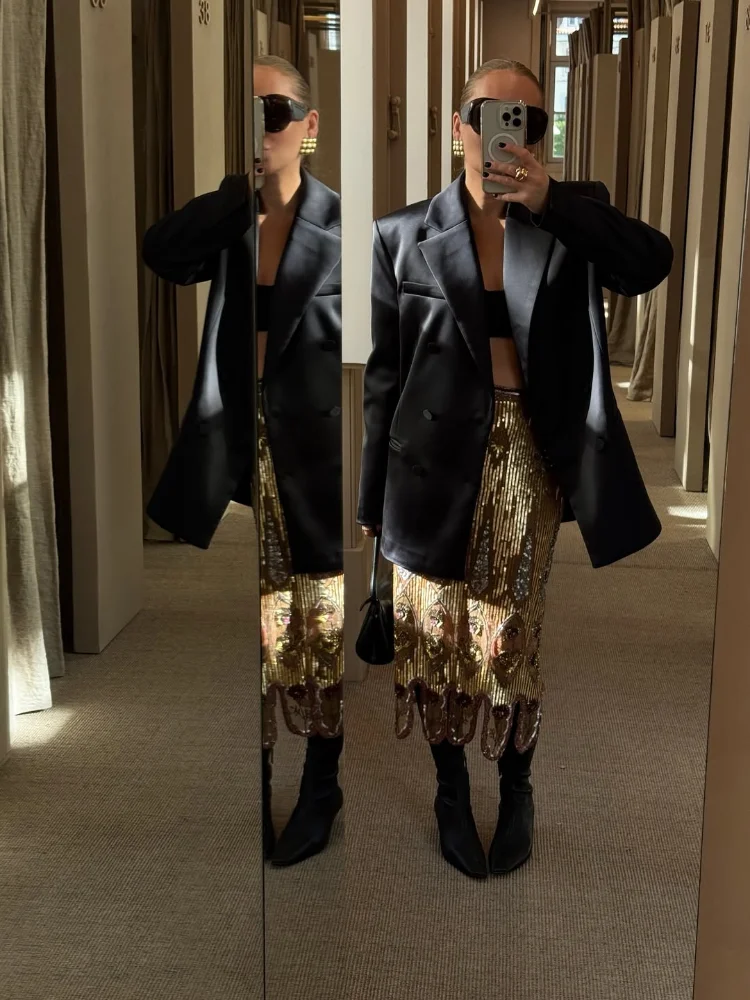 

Casual Loose Stain Blazer Women Full Sleeve Lapel Double-Breasted Lady Jackets 2026 Spring Fashion Female Street Outerwear