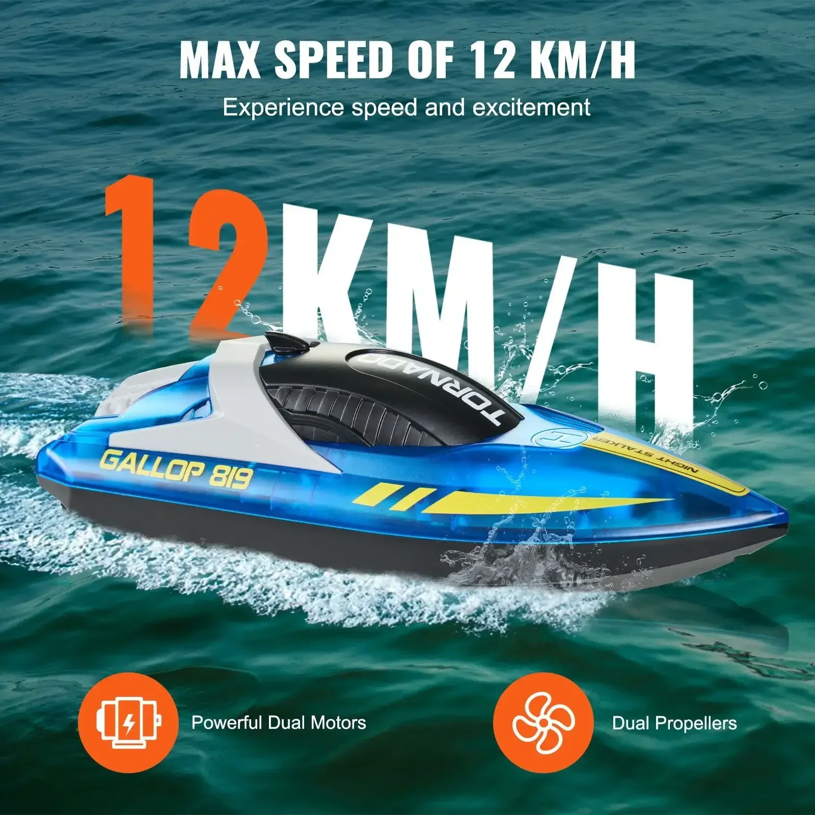 RC Boat 2.4 GHz Remote Control Racing Boat 12 km/h Kids Adults Gift Blue