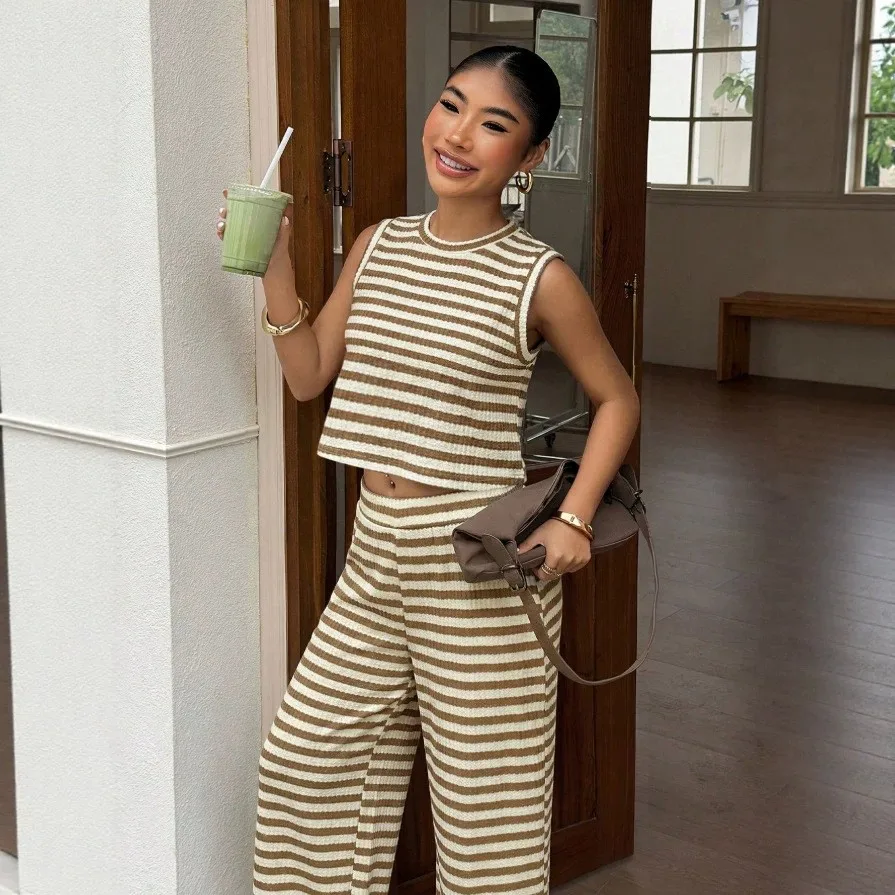 Women's Matching Sets Tank Striped Pattern Vest Cotton Blend Round Neck Sleeveless Top Summer Streetwear Camisole