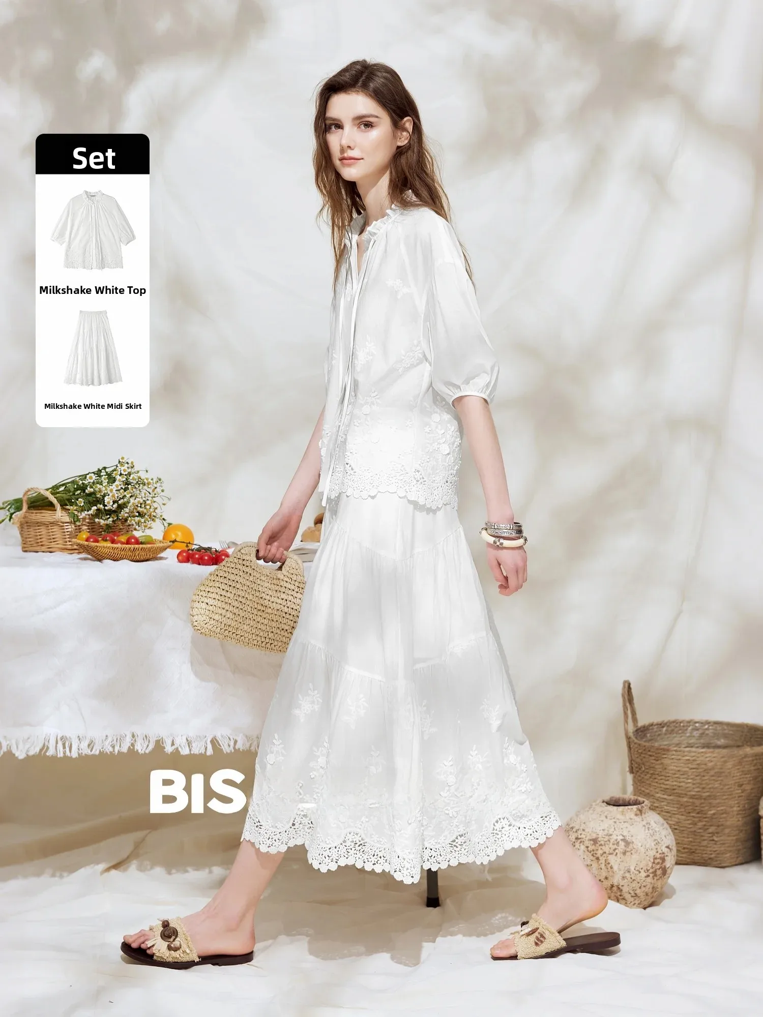 Bessie Pure Cotton Lace Summer Set Moonlight White Embroidered Skirt Bubble Sleeve Cardigan Women's Fashion Ensemble