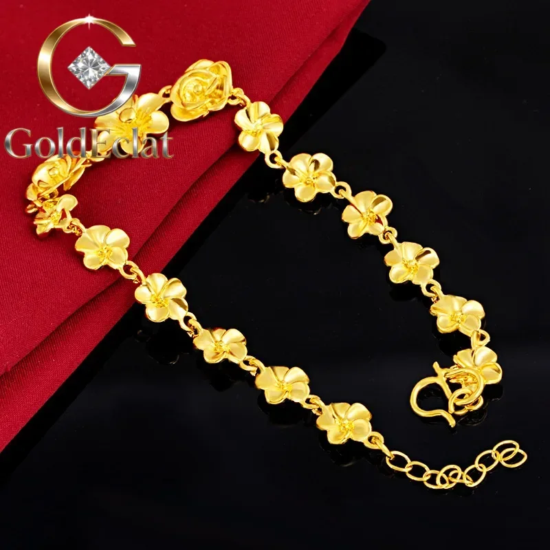 

Золотой браслет GoldEclat Classic Fashion 9999 пробы, 24K, из настоящего золота, универсальный, с цветочным узором, ручной работы, для женщин, подарок для мамы.