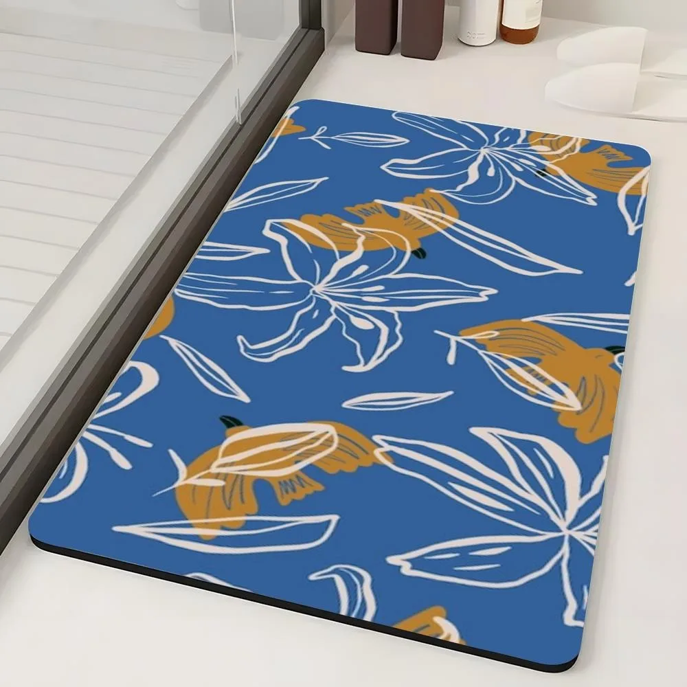 Blue Banana Leaf Diatomite Bath Mat Bathroom Non-slip Shower Foot Mats Absorbent Quick Dry Toilet Doormat Washable