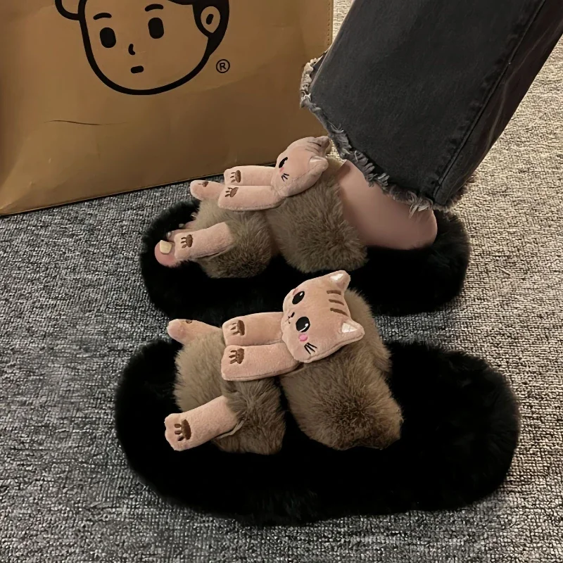 Cartoon Cute Furry Slippers Autumn and Winter Cotton Slippers Strap Padded Outer Wear Cotton Slippers for Women