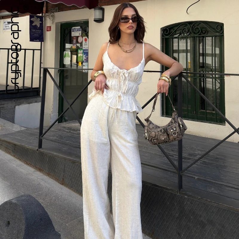 

Cryptographic Summer Tie Front Pleated Camis Top Flare Pant 2 Piece Matching Sets Birthday Outfits for Women Holiday Clothes