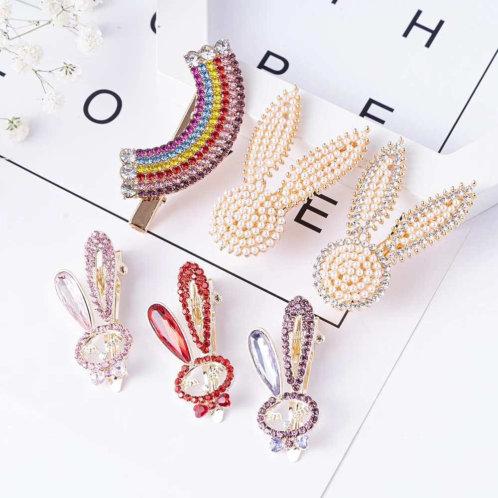 Handmade Rabbit Pearl Hair Clips Children for Women Fashion Rhinestones Barrettes Headwear Girls Sweet Hairpins Hair Accessories