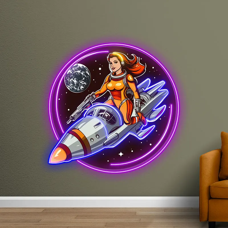 Astronaut Sitting On Rocket Acrylic Custom Neon Sign, LED Neon Sign Light, Creative Gift Neon Light For Astronaut & Space Lovers