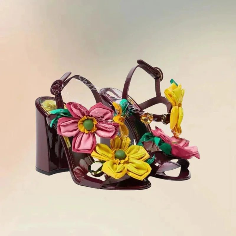 

Colorful Appliques Crystal Decor Open Toe Sandals Buckle Strap Women Shoes Chunky Heels Party Banquet 2025 Zapatos Para Mujere