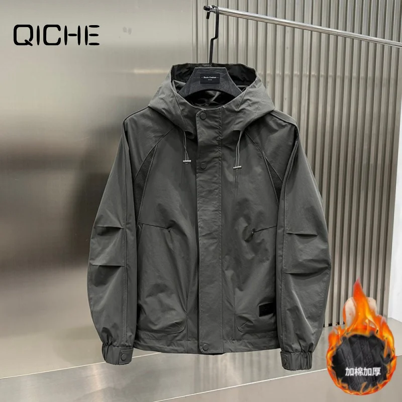 QICHE 2026 Men Hooded Windproof Jacket, Autumn Winter Cotton Padded Thick Warm Workwear Shell Coat