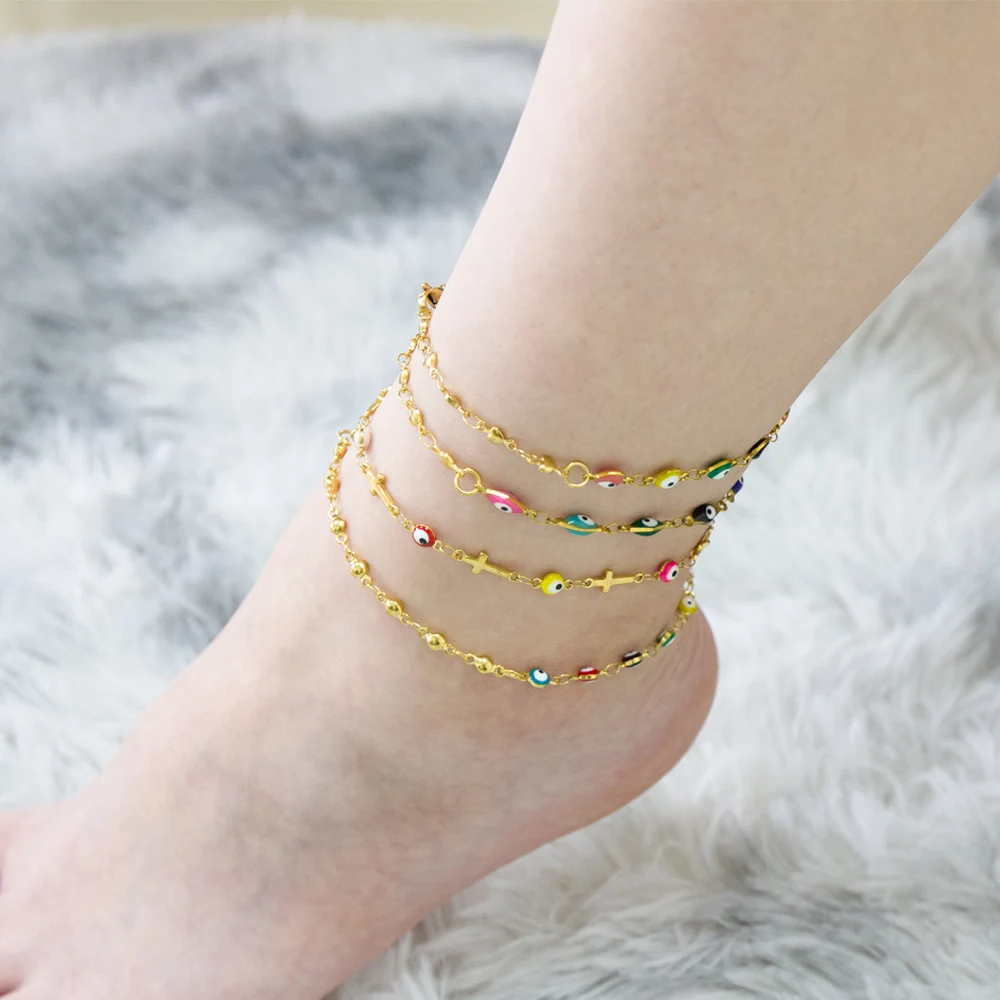 Boho Gold Color Enamel Round Evil Eye Anklet, Summer Gift