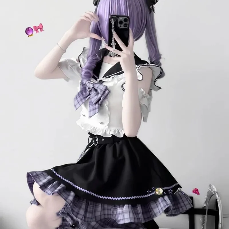 Japanese Sweet Lolita Cosplay Gothic College Style Jk Uniform Y2k Dress Black Purple Patchwork  Kawaii Top Skirt 2 Piece Set Set