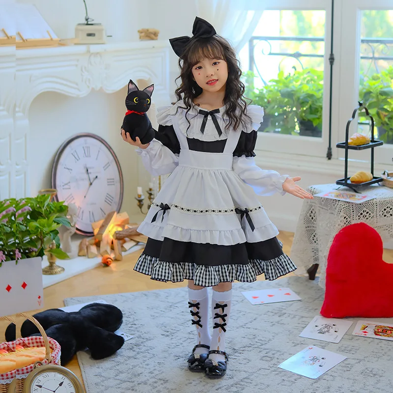 أبيض وأسود منقوشة طويلة الأكمام فستان خادمة الفتيات نمط لوري لوليتا فساتين الأميرة أطفال بنات لوليتا أزياء مسرحية