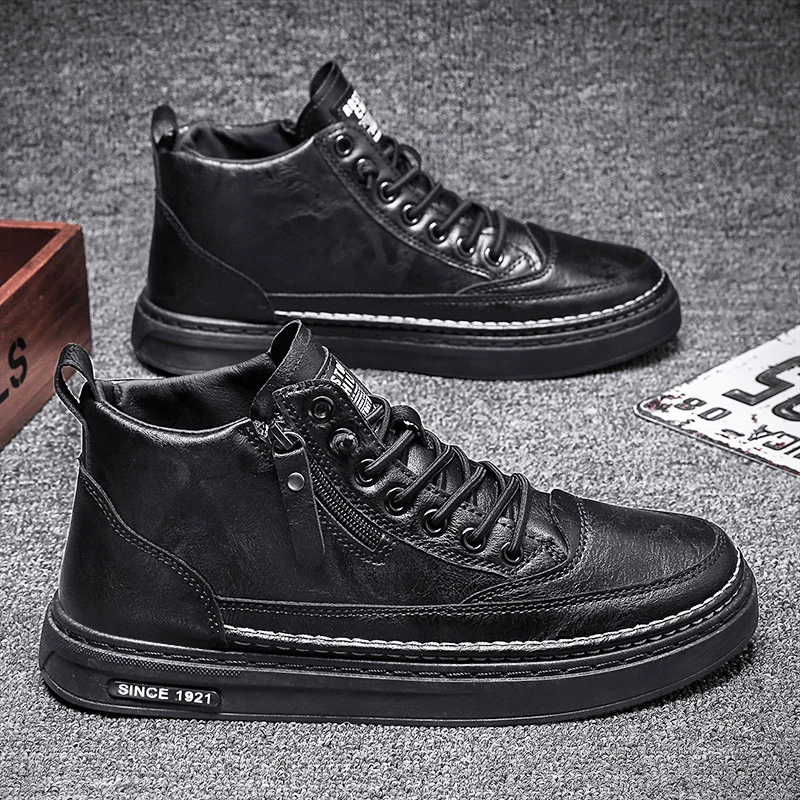 Men Black High Top Sneakers Large Size Side Zipper Casual Skate Shoes Lace‑up Daily Walking Footwear