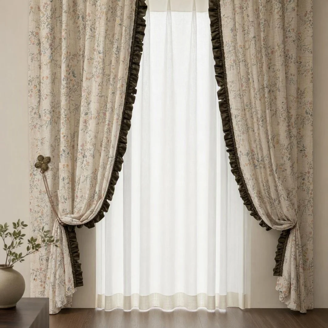 Vintage Floral Linen‑Look Blackout Curtain Dark Brown Ruffle Trim Window Drapes for Bedroom