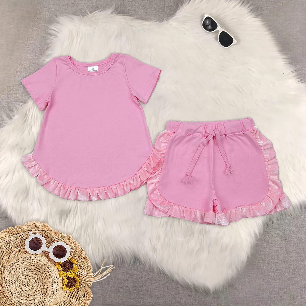 

Baby Girls Pink Cotton Top Ruffle Shorts Clothes Sets