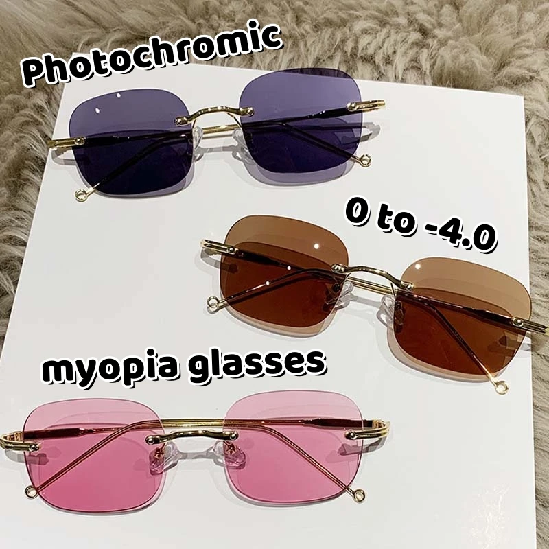 2023 Sensitive Color Changing Frameless Myopia Glasses Photochromic Eyewear Blue Light Blocking Eye Protection Eyeglasses