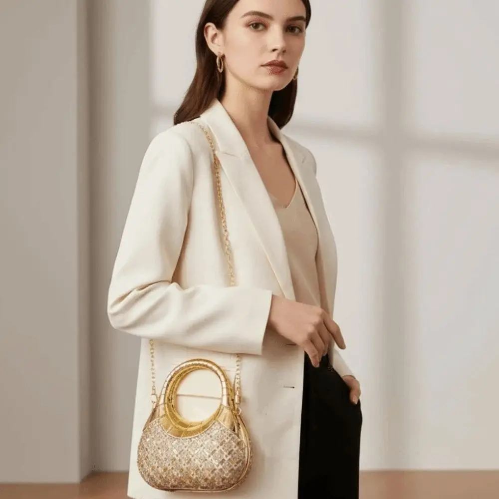 Crystal Embellished Crescent Evening Clutch High-shine Finish Detachable Chain Rhinestone Box Purse Reflective Texture