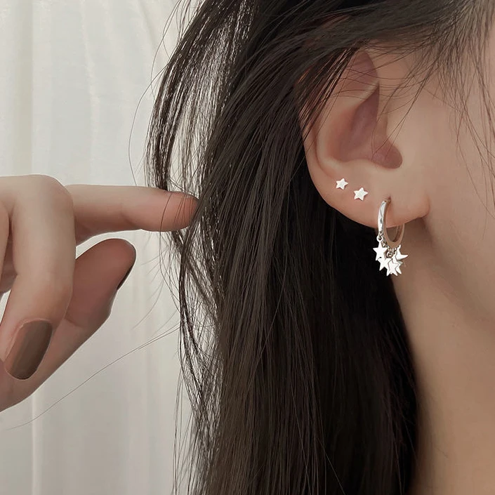 

Real 925 Sterling Silver Mini Star Tassel Round Hoop Earring for Women Cute Fine Jewelry Minimalist Light Luxury Accessories