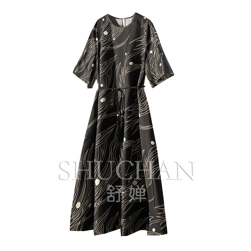 

New Light Luxury and Elegant, Cabinet Luxury Line Printing Silk Twill Silk Waist Dress Women 04E3