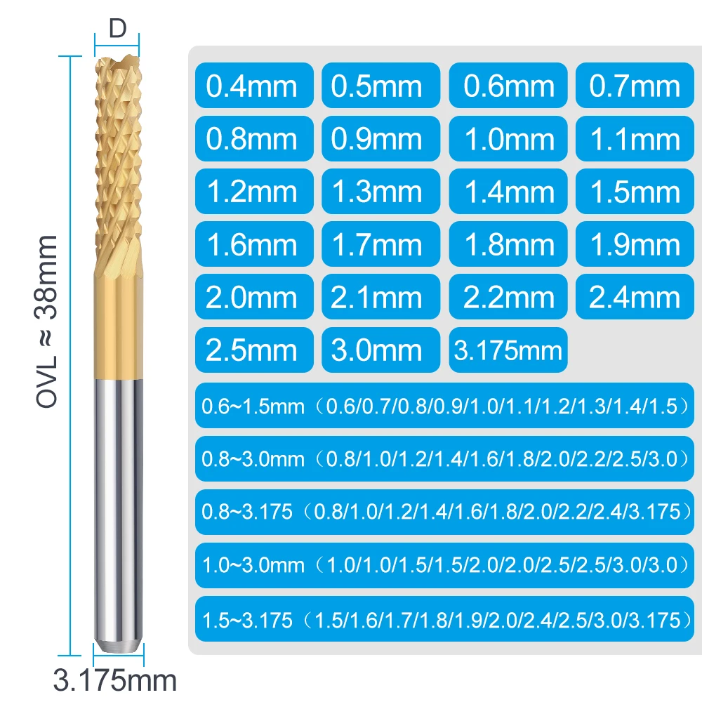 CMCP PCB Milling Cutter 10pcs TiN Coated 0.5-3.175mm CNC Router Bit 3.175mm Shank Carbide End Mill for PCB Machine Milling Tools