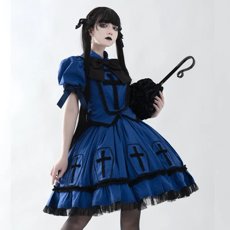 Lolita Skirt Sets Women 2024 Autumn New Gothic Girl Cross Bow Puff Sleeve Top Midi Skirt Two-Piece Set Ladies Outfits