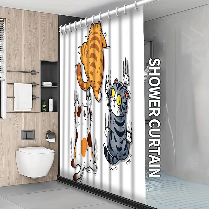 Cute Cartoon Cat Family Shower Curtain Funny Bathroom Decor Novelty Shower Curtain for Kids and Adults