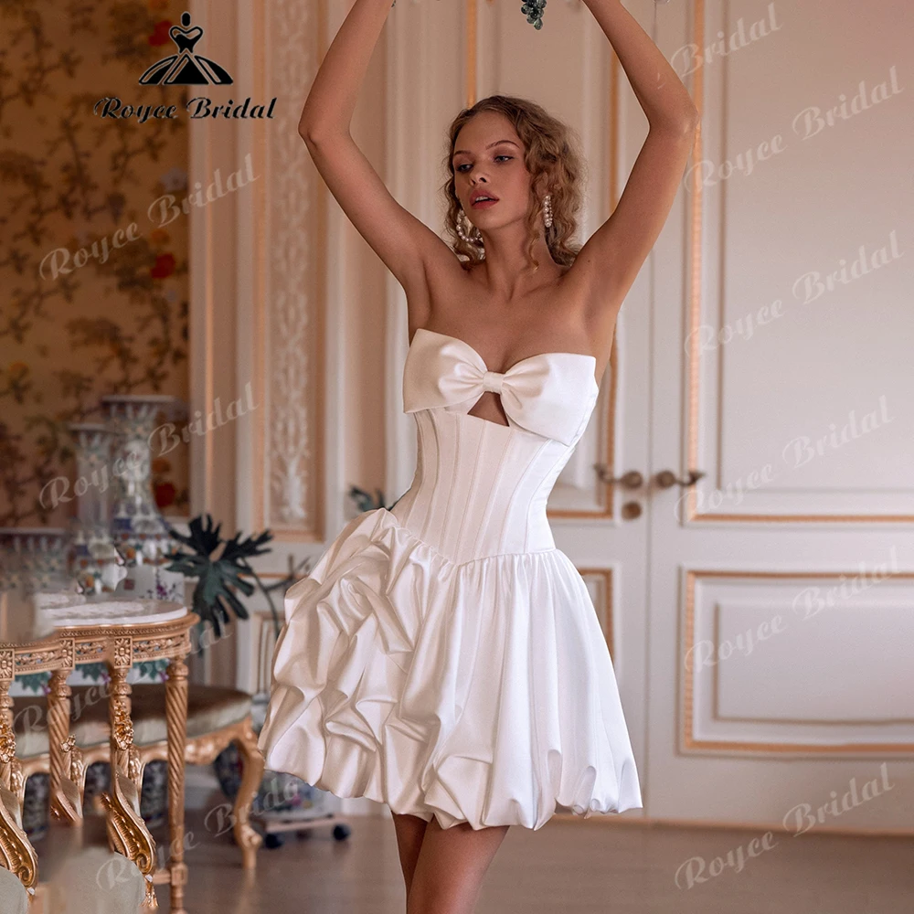 Strapless Bow Satin Corset Mini Wedding Dress Satin Bubble Balloon Skirt Short Bridal Gown for Civil Reception Customized