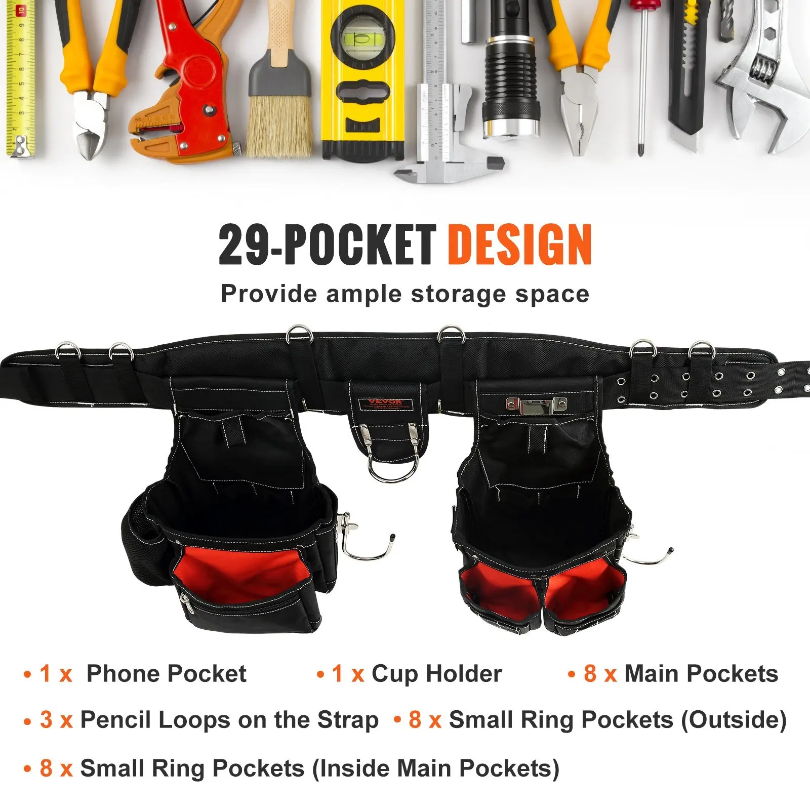 포켓 29개, 29-54인치 조절 가능한 허리 사이즈, 남성용 공구 벨트, 멜빵이 있는 공구 벨트 1680D 폴리에스테르,