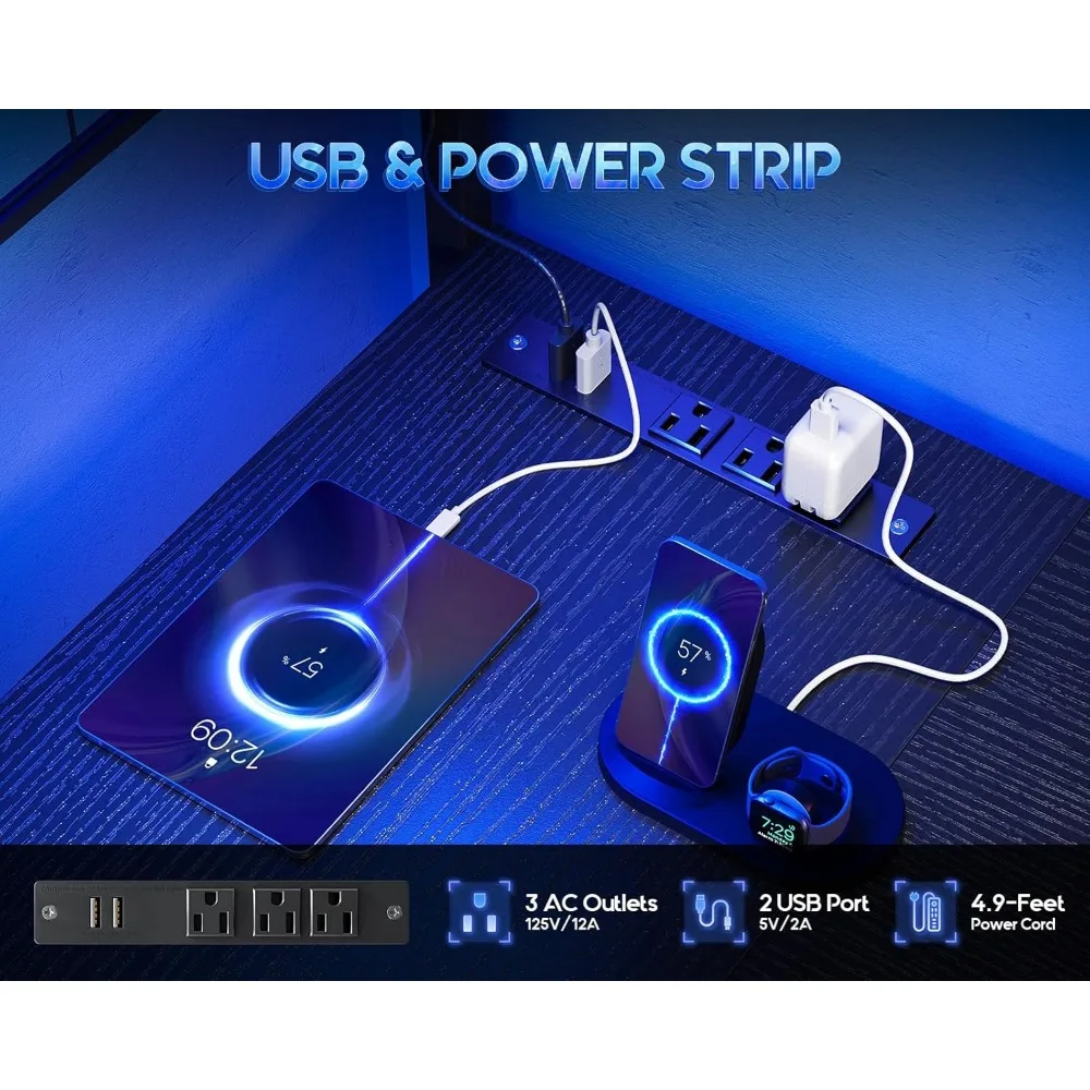 Tavolo da gioco a L con ripiani e 4 cassetti, 51 scrivanie per computer reversibili con luci a LED