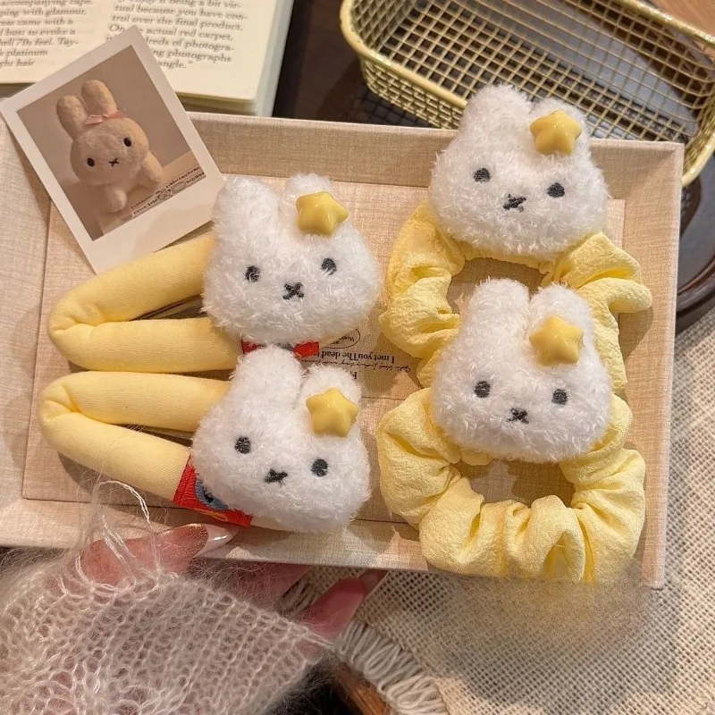 New Kawaii Miffy Milk Yellow Star Miffy Girl Heart High Elasticity Hair Rope Ponytail Maruko Head Hair Accessories