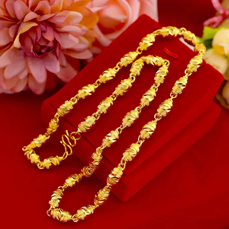 9999 Real Gold 24K Gold Men's Solid Car Flower Olive Bead Necklace European and American Fashion Men's Necklace