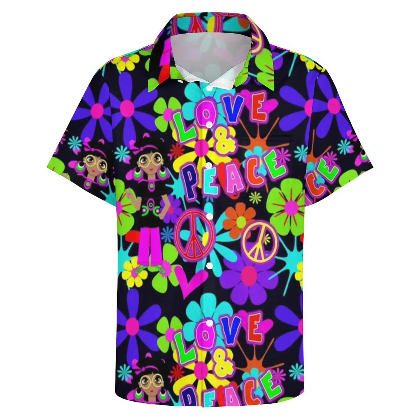 Hippie Flower Power Casual Shirt Male Peace Colorful 60s Retro Summer Shirt Cool Blouses Short Sleeve Oversized