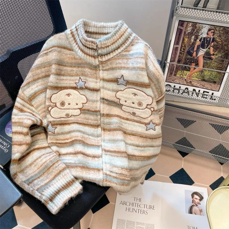 Deeptown Y2K Kawaii Striped Women Knit Cardigan Zipper Harajuku Japanese Sweater Vintage Dog Print Preppy Autumn Knitwear Sweet